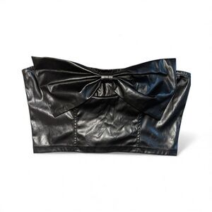 Black Faux Leather Bow Strapless Tube-top Corset Night Life Top Moto Coquette